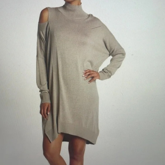 ALL SAINTS Cecily Turtleneck cold shoulder long sleeve dress Neutral - Picture 1 of 13
